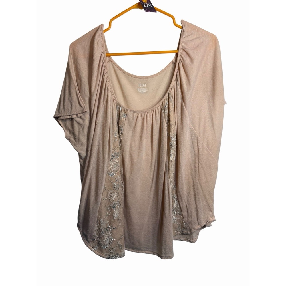 ANA A New Approach Womens Light Pink Lace Sequin Short Sleeve Top XL